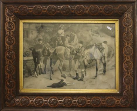 An oak framed monochrome print 'Hunting Party'.