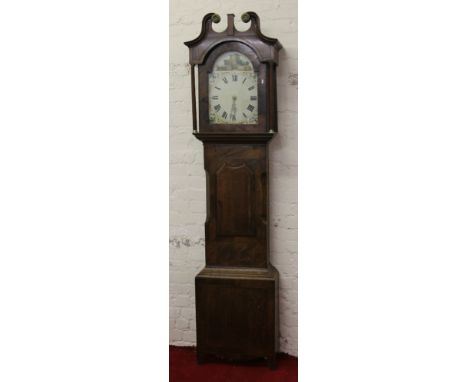 A George III oak and mahogany cased thirty hour longcase clock with swan neck pediment and painted arch top dial chiming hour