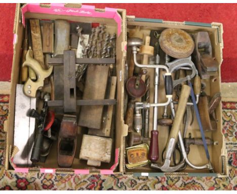 Two boxes of assorted tools including saws, drill bits and plane.