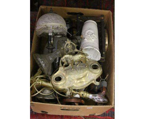 A box of assorted lamp bases, shades and ceramics.
