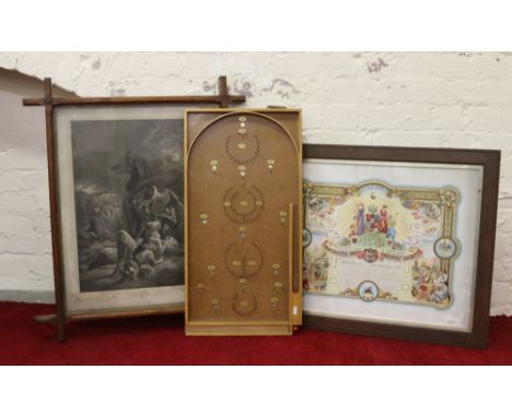 An oak framed print 'After the Battle' along with a print 'Manchester Unity Friendly Society' and a Bagatelle table.