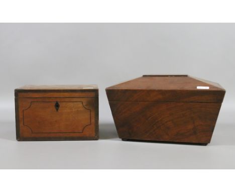 A Regency rosewood sarcophagus shaped tea caddy along with a C19th inlaid mahogany two section tea caddy.