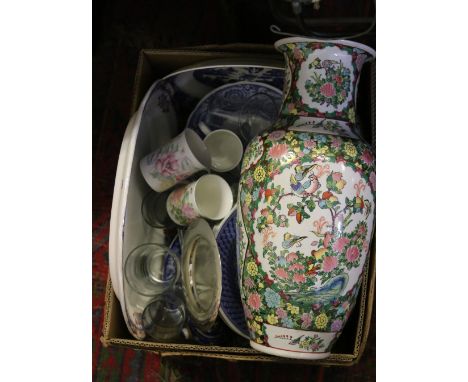 A box of miscellaneous ceramics and glasswares to include oriental mantel vase, Spode year plates, meatplates, etc.