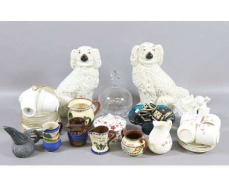 A collection of china and crockery to include Staffordshire mantel dogs, Royal Worcester, set bone dominoes, copper lustre et