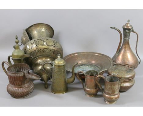 A collection of eastern metalwares, copper and brass to include hanging lantern, jugs, bowls etc.