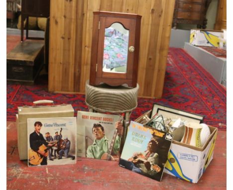 A box of miscellaneous ceramics and metalwares along with a collection of L.P records to include Gene Vincent, Lloyd loom sty