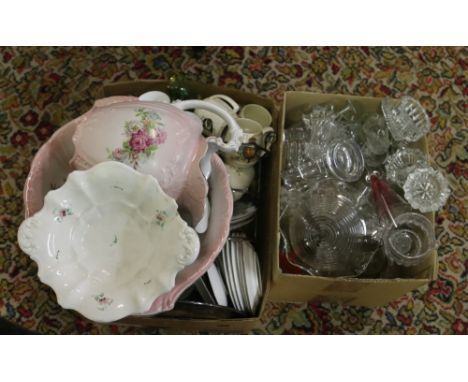 A box lot of ceramics to include commemorative tea and dinnerwares, silver plated jug and bowl, along with a box lot of mixed