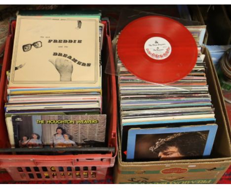 Two boxes of assorted LP records to include Elvis Presley, coloured vinyl and signed examples.