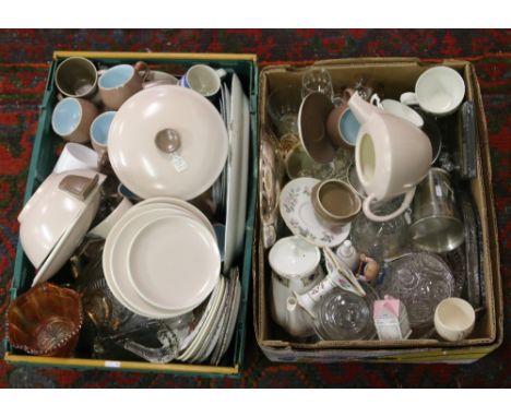Two boxes of miscellaneous ceramics and glassware to include Poole part dinner services, Coalport, ornaments etc.