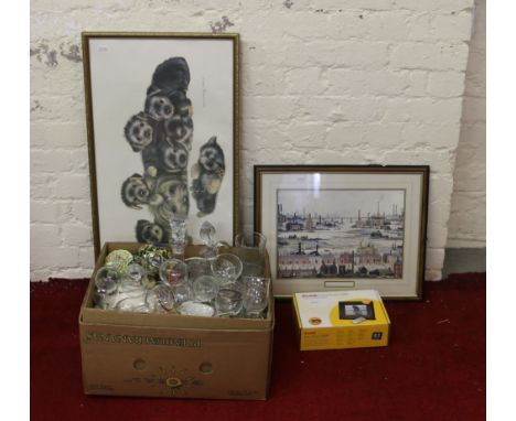A box of mixed china and glass to include decanters and stoppers along with a boxed Kodak easy share digital picture frame an
