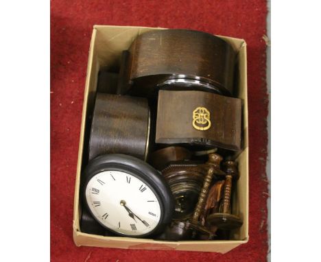A box of assorted mantel clocks, cases, spares, wristwatch movements, barometer, etc.