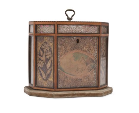 A fine George III paper-scroll work, mica, satinwood veneered and glazed tea caddy, circa 1790, of octagonal section, the hin