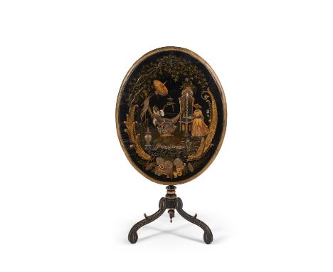 A Regency black lacquered and gilt Chinoiserie tripod table, circa 1820, the oval top decorated with figures in a garden scen