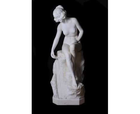 Circle of Adolfo Cipriani (Italian, b. 1857), a fine, near life-size Italian sculpted white marble model of a bather, previou