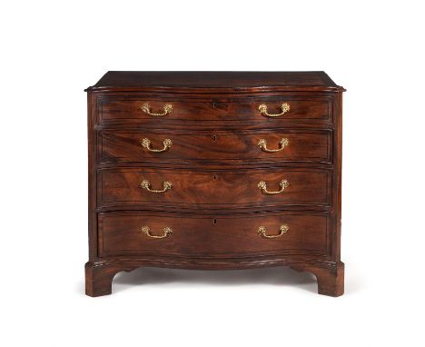 A George III mahogany serpentine fronted chest of drawers, circa 1765, with ebonised stringing throughout, the shaped top wit