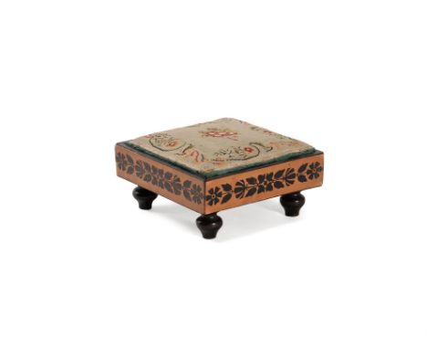 A birch and ebony marquetry sculpture or clock stand, circa 1810, attributed to George Bullock, the cushioned needlework inse