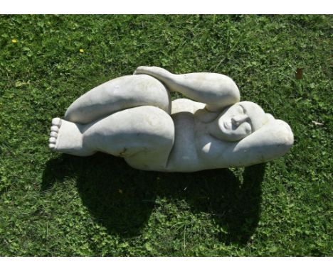 Attributed to Patrick Barker MRSS, a sculpted limestone model of a crouching man, of recent manufacture, modelled with stylis