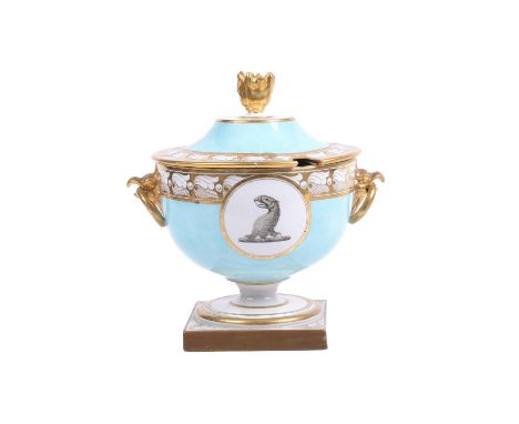 A Worcester (Barr, Flight & Barr) pale-blue ground and gilt crested cream tureen and cover, circa 1810, flammiform finial, co