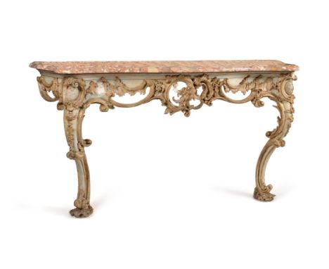 A George III carved giltwood and gesso console table, in the French taste, circa 1770, with parcel gilt and cream painted sur