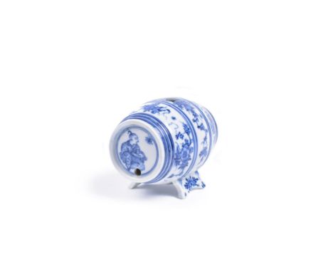 A Meissen blue and white spirit barrel, second quarter 18th century, decorated with bands of floral vines and on an integral 