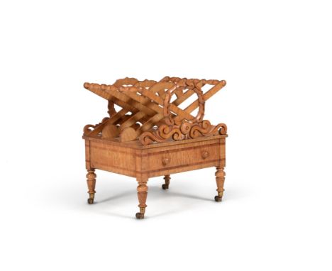 Y A William IV ash and tulipwood banded Canterbury, circa 1835, to a design of J.C. Loudon, the three divisions fronted by a 