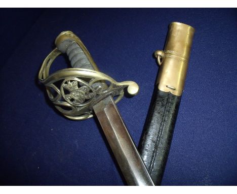 Victorian Royal Lancashire Militia officers sword with single fullered slightly curved blade stamped with crowned no. 16, wit