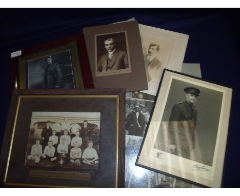 Selection of WWI and later photographs including WWI Scottish Sergeants portrait, various sporting pictures including Peashol