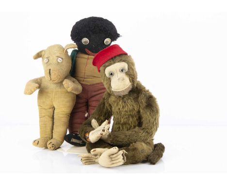 An Alpha Farnell Toys 1930s soft toy Monkey, with brown mohair, clear and black glass eyes with remains of painted backs, fel
