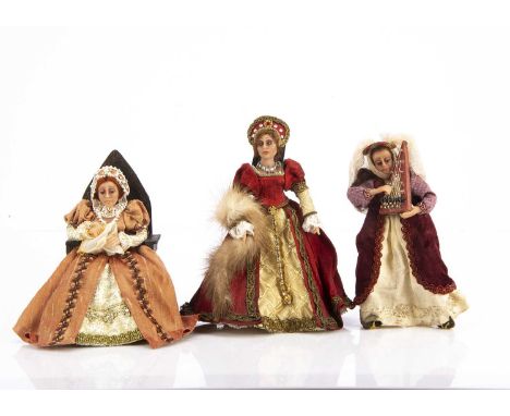 Three Ria Odiyk (Dutch) wax dolls’ house artist dolls,  Tudor ladies, one probably a Queen in red dress —6 3/4in. (17cm.) hig
