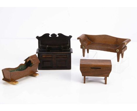 Large scale dolls’ house furniture, comprising a Lancashire dresser money bank, inscribed on back ‘Made by RMJ’ —5 1/2in. (14