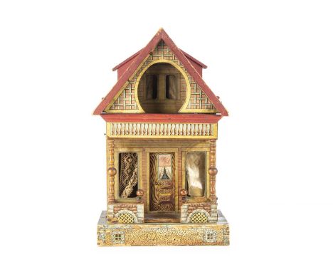 A Bliss (American) keyhole type dolls’ house,  of printed paper over wood, depicting brick and stonework, balustrading and wo