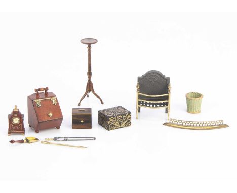 Artist Miniature dolls’ house chattels, a steel and brass fire grate, fender and irons; a wooden coal scuttle, a H. Stringer 