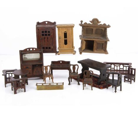 1930s dolls’ house furniture,  a pair of carved from a single piece of wood chairs —3in. (8cm.) high; eight fretwork Hobbies 