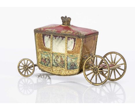 A W & R Jacob & Co Ltd Coronation Coach biscuit tin circa 1936, lithographed tinplate in gold and red, turning wheels and lif