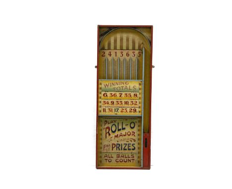 An English 1950s Fairground wooden roll-up bagatelle board, original hand painted design with ‘Play Rollo-Major for Prizes - 