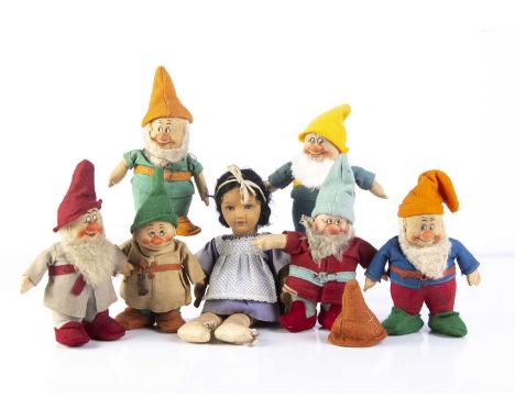 Chad Valley Snow White and five Dwarves 1930s,  Snow White with black mohair wig and painted eyes —12 1/2in. (32cm.) high (re