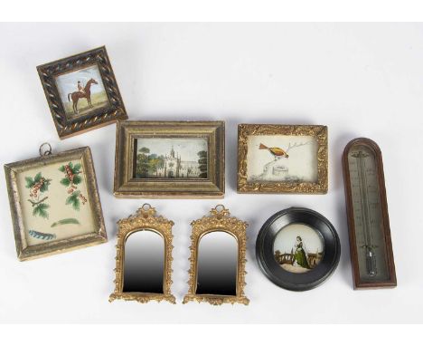 Various small framed items,  a reverse painted circular print; a drawing of a bird; a watercolour of two sprigs and two feath