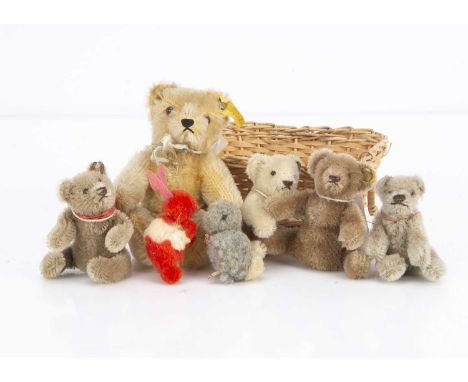 Five small Steiff post-war teddy bears, including a 1950s Teddy Original with golden mohair, brown and black glass eyes, blac
