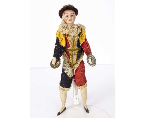 A German bisque headed clown cymbalists toy, the characterful head impressed 157 with blue glass eyes and broad open/closed g