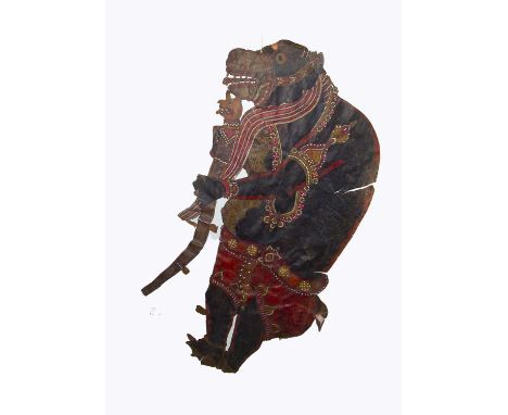 Two 1920s Rajasthan shadow puppets, hand-cut and painted velum, Jambavan bear god  —40in. (102cm.) high; and a jewelled woman