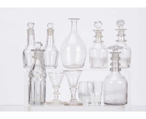 Doll’s or small size decanters and glassware, pair of two-ring neck mould blown miniature bottles with stoppers —4 1/4in. (10