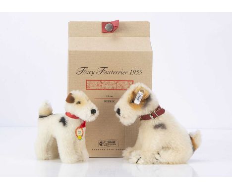 A Steiff limited edition Foxy Fox Terrier Dog 1935 replica, 630 of 3000, in original box with certificate, and a  Steiff Hist