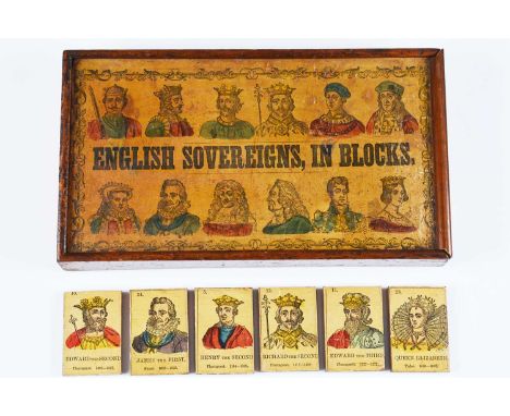 A mid 19th century educational toy English Sovereigns in Blocks,  thirty-six hand-coloured paper on wood blocks numbered one 