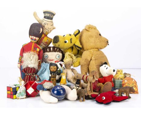 Teddy bears and a large quantity of toys, a very worn 1930s teddy bear --20in. (51cm.) high; a 1960s Merrythought synthetic T