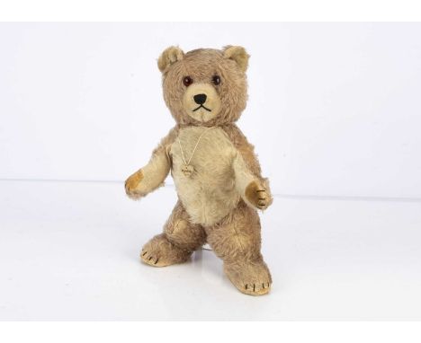 A 1950s Chiltern Bruin teddy bear,  non-musical with light brown and white mohair, orange and black glass eyes, white lined e