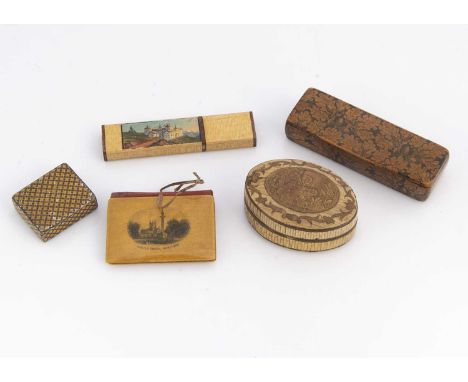 Various small wooden boxes, a Mauchlin penwork rectangular snuff box decorated with oak leaves and acorns —3 1/2in. (9cm.) wi