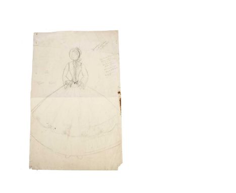 A rare original Norah Wellings sketch design for a Old English lady 1920-30s,  with material and colour notes, the reverse wi