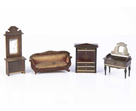 Four Waltershausen type dolls’ house furniture,  dark stained with gold transfer decoration, a secrétaire —4 1/2in. (11.5cm.)