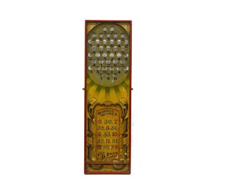 An English 1950s Fairground wooden roll-up board, original hand painted design with ‘Winning Scores’ and ‘All 6 Balls do Coun