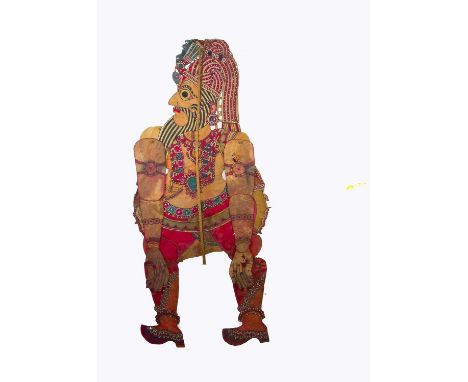 Two large 1920s Rajasthan shadow puppets, hand-cut and painted velum, articulate with stick support, Hanuman monkey god —62in